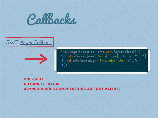 Callbacks
GWT AsyncCallback
1 service.getShapes(dbName, new AsyncCallback() {
2 def onSuccess(result: Array[Shape]): Unit = { /* ... */ }
3 def onFailure(caught: Throwable): Unit { /* ... */ }
4 });
one-shot
No cancellation
asynchronous computations are not values
