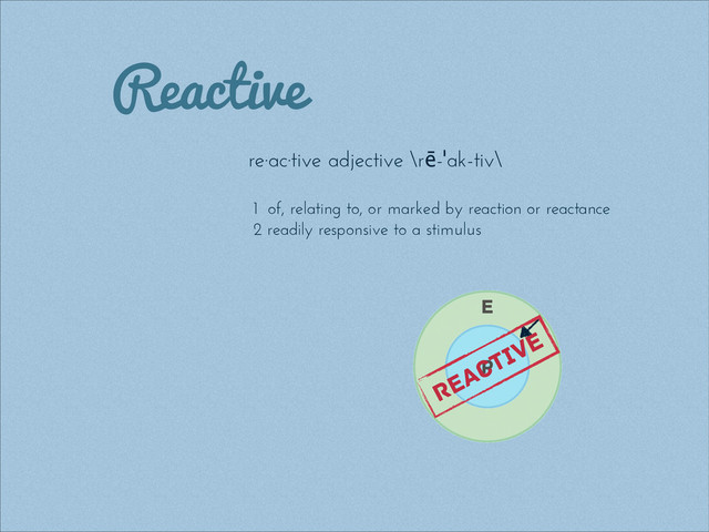 Reactive
re·ac·tive adjective \r
ē
-
ˈ
ak-tiv\
!
1 of, relating to, or marked by reaction or reactance
2 readily responsive to a stimulus
P
E
REACTIVE
