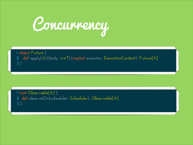 Concurrency
1 object Future {
2 def apply[A](body: =>T)(implicit executor: ExecutionContext): Future[A]
3 }
1 trait Observable[A] {
2 def observeOn(scheduler: Scheduler): Observable[A]
3 }
