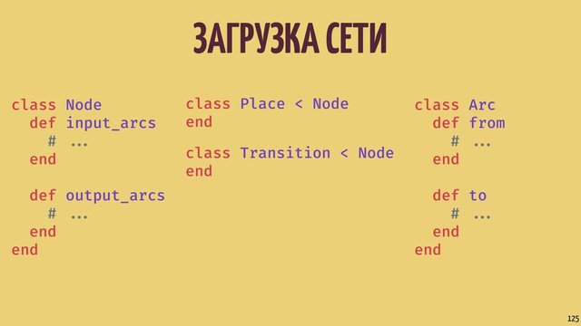 ЗАГРУЗКА СЕТИ
125
class Node
def input_arcs
# ...
end
def output_arcs
# ...
end
end
class Place < Node
end
class Transition < Node
end
class Arc
def from
# ...
end
def to
# ...
end
end
