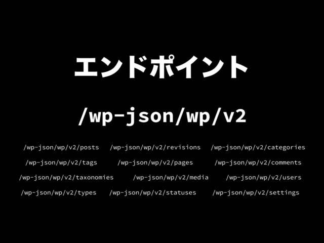ΤϯυϙΠϯτ
/wp-json/wp/v2
/wp-json/wp/v2/posts /wp-json/wp/v2/categories
/wp-json/wp/v2/revisions
/wp-json/wp/v2/tags /wp-json/wp/v2/pages /wp-json/wp/v2/comments
/wp-json/wp/v2/taxonomies /wp-json/wp/v2/media /wp-json/wp/v2/users
/wp-json/wp/v2/types /wp-json/wp/v2/statuses /wp-json/wp/v2/settings
