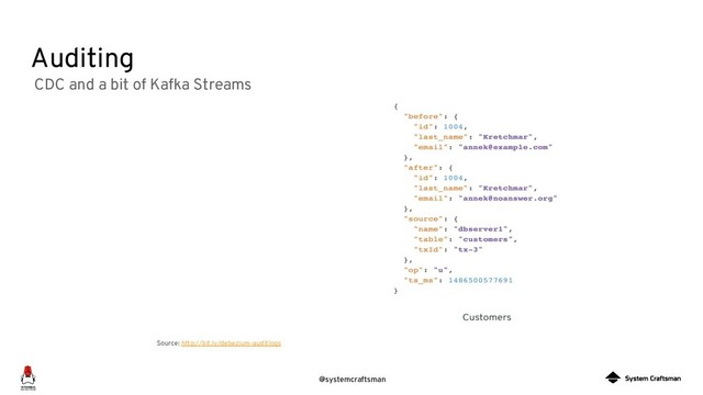 @systemcraftsman
Auditing
CDC and a bit of Kafka Streams
Source: http://bit.ly/debezium-auditlogs
