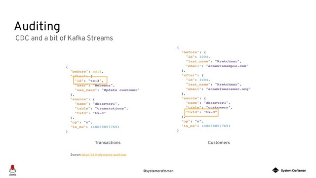 @systemcraftsman
Auditing
CDC and a bit of Kafka Streams
Source: http://bit.ly/debezium-auditlogs
