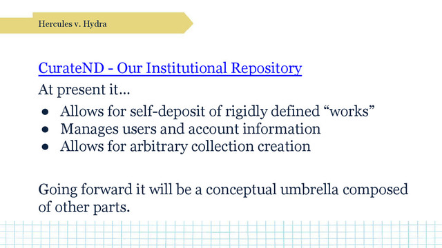 CurateND - Our Institutional Repository
At present it…
● Allows for self-deposit of rigidly defined “works”
● Manages users and account information
● Allows for arbitrary collection creation
Going forward it will be a conceptual umbrella composed
of other parts.
Hercules v. Hydra

