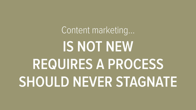 Content marketing…
IS NOT NEW
REQUIRES A PROCESS
SHOULD NEVER STAGNATE
