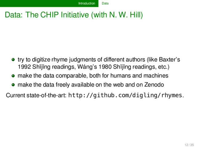 Introduction Data
Data: The CHIP Initiative (with N. W. Hill)
try to digitize rhyme judgments of diﬀerent authors (like Baxter’s
1992 Shījīng readings, Wáng’s 1980 Shījīng readings, etc.)
make the data comparable, both for humans and machines
make the data freely available on the web and on Zenodo
Current state-of-the-art: http://github.com/digling/rhymes.
12 / 35
