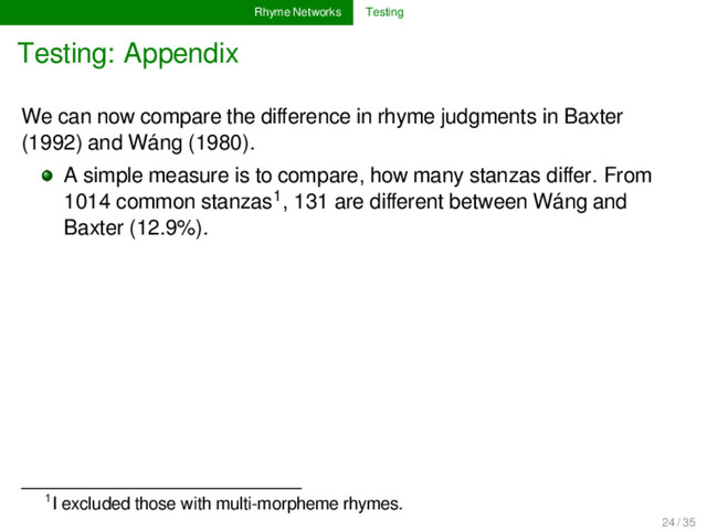 Rhyme Networks Testing
Testing: Appendix
We can now compare the diﬀerence in rhyme judgments in Baxter
(1992) and Wáng (1980).
A simple measure is to compare, how many stanzas diﬀer. From
1014 common stanzas1, 131 are diﬀerent between Wáng and
Baxter (12.9%).
1I excluded those with multi-morpheme rhymes.
24 / 35
