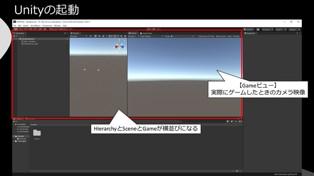 Unityの起動
HierarchyとSceneとGameが横並びになる
【Gameビュー】
実際にゲームしたときのカメラ映像
