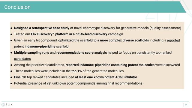 14
Conclusion
● Designed a retrospective case study of novel chemotype discovery for generative models (quality assessment)
● Tested our Elix Discovery™ platform in a hit-to-lead discovery campaign
● Given an early hit compound, optimized the scaffold to a more complex diverse scaffolds including a reported
potent indanone-piperidine scaffold
● Multiple sampling runs and recommendations score analysis helped to focus on consistently top ranked
candidates
● Among the prioritized candidates, reported indanone-piperidine containing potent molecules were discovered
● These molecules were included in the top 1% of the generated molecules
● Final 20 top ranked candidates included at least one known potent AChE inhibitor
● Potential presence of yet unknown potent compounds among ﬁnal recommendations
