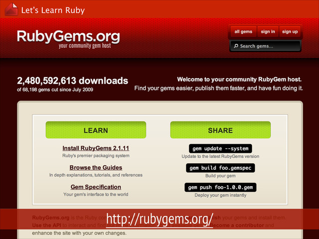 Let’s Learn Ruby
http://rubygems.org/
