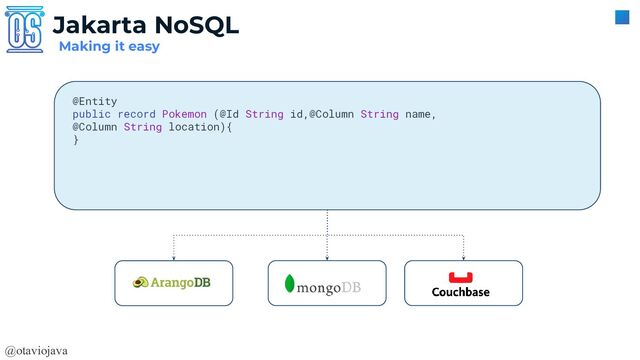 @otaviojava
Making it easy
Jakarta NoSQL
@Entity
public record Pokemon (@Id String id,@Column String name,
@Column String location){
}
