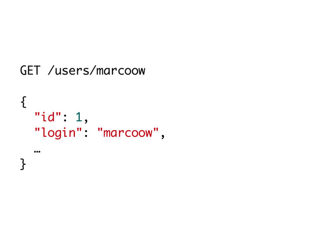GET /users/marcoow
{
"id": 1,
"login": "marcoow",
…
}

