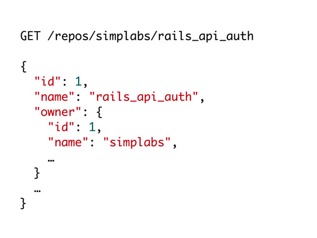 GET /repos/simplabs/rails_api_auth
{
"id": 1, 
"name": "rails_api_auth",
"owner": {
"id": 1, 
"name": "simplabs",
…
}
…
}
