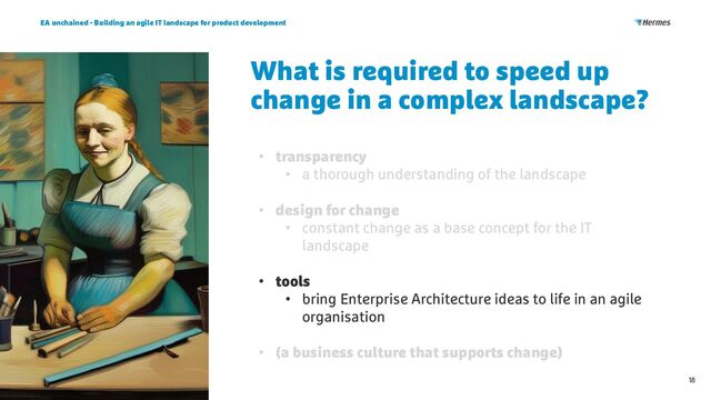 What is required to speed up
change in a complex landscape?
EA unchained - Building an agile IT landscape for product development
18
• transparency
• a thorough understanding of the landscape
• design for change
• constant change as a base concept for the IT
landscape
• tools
• bring Enterprise Architecture ideas to life in an agile
organisation
• (a business culture that supports change)
