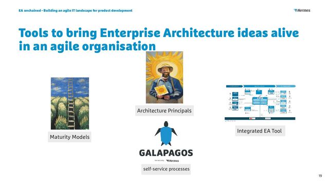 Tools to bring Enterprise Architecture ideas alive
in an agile organisation
EA unchained - Building an agile IT landscape for product development
19
Architecture Principals
Maturity Models
Integrated EA Tool
self-service processes
