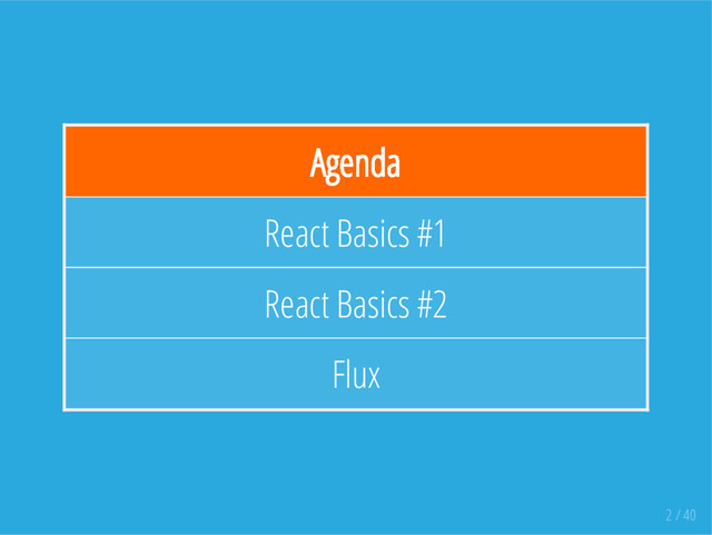 Agenda
React Basics #1
React Basics #2
Flux
2 / 40
