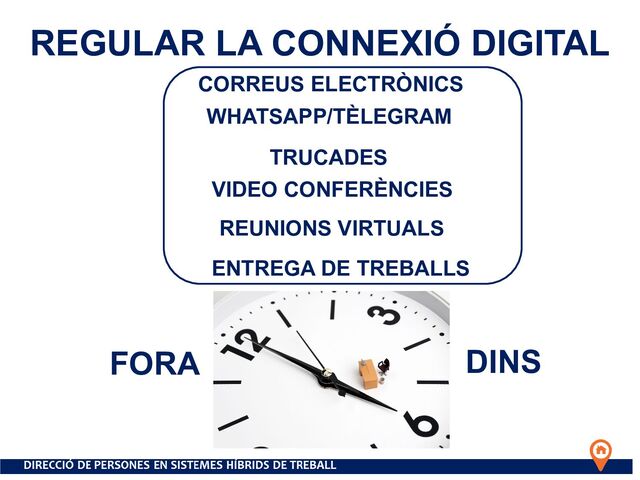 REGULAR LA CONNEXIÓ DIGITAL
CORREUS ELECTRÒNICS
TRUCADES
WHATSAPP/TÈLEGRAM
VIDEO CONFERÈNCIES
REUNIONS VIRTUALS
ENTREGA DE TREBALLS
FORA DINS
