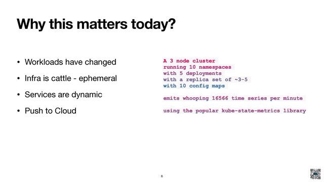 Why this matters today?
• Workloads have changed

• Infra is cattle - ephemeral

• Services are dynamic

• Push to Cloud
A 3 node cluster
running 10 namespaces
with 5 deployments
with a replica set of ~3-5
with 10 config maps
emits whooping 16566 time series per minute
using the popular kube-state-metrics library
6
