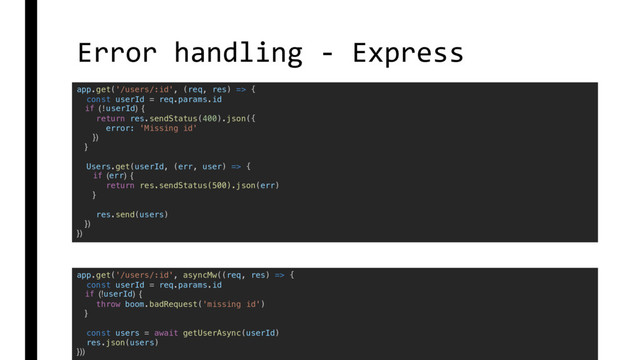 Error handling - Express
app.get('/users/:id', asyncMw((req, res) => {
const userId = req.params.id
if (!userId) {
throw boom.badRequest('missing id')
}
const users = await getUserAsync(userId)
res.json(users)
}))
app.get('/users/:id', (req, res) => {
const userId = req.params.id
if (!userId) {
return res.sendStatus(400).json({
error: 'Missing id'
})
}
Users.get(userId, (err, user) => {
if (err) {
return res.sendStatus(500).json(err)
}
res.send(users)
})
})
