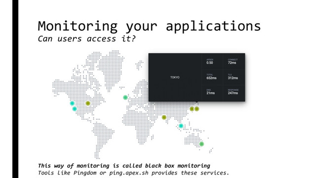 Monitoring your applications
Can users access it?
This way of monitoring is called black box monitoring
Tools like Pingdom or ping.apex.sh provides these services.
