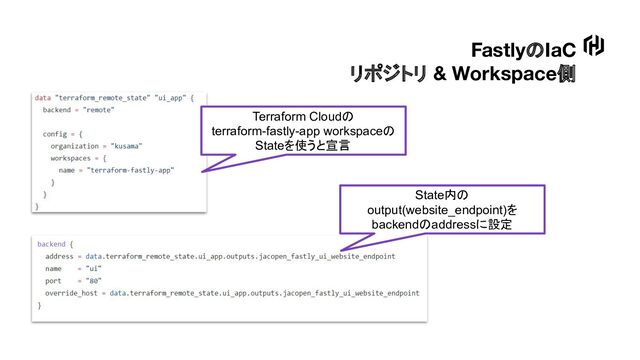 FastlyのIaC
リポジトリ & Workspace側
Terraform Cloudの
terraform-fastly-app workspaceの
Stateを使うと宣言
State内の
output(website_endpoint)を
backendのaddressに設定
