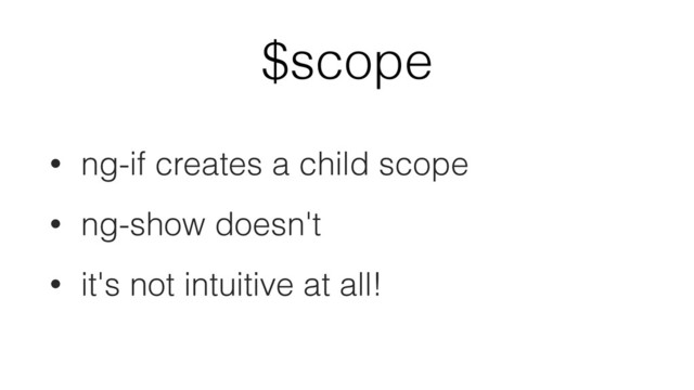 $scope
• ng-if creates a child scope
• ng-show doesn't
• it's not intuitive at all!
