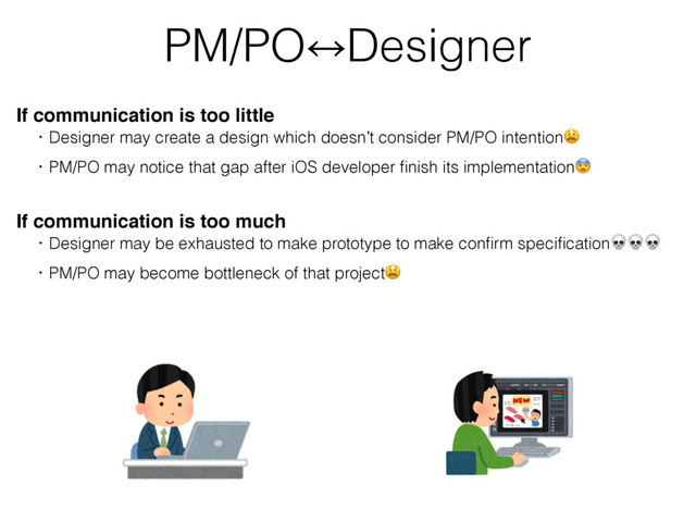 PM/PO㲗Designer
If communication is too little
ɹɾDesigner may create a design which doesn’t consider PM/PO intention
ɹɾPM/PO may notice that gap after iOS developer ﬁnish its implementation
If communication is too much
ɹɾDesigner may be exhausted to make prototype to make conﬁrm speciﬁcation
ɹɾPM/PO may become bottleneck of that project
