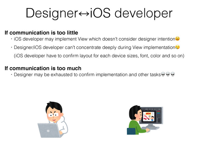 Designer㲗iOS developer
If communication is too little
ɹɾiOS developer may implement View which doesn’t consider designer intention
ɹɾDesigner/iOS developer can’t concentrate deeply during View implementation
ɹɹ(iOS developer have to conﬁrm layout for each device sizes, font, color and so on)
If communication is too much
ɹɾDesigner may be exhausted to conﬁrm implementation and other tasks
