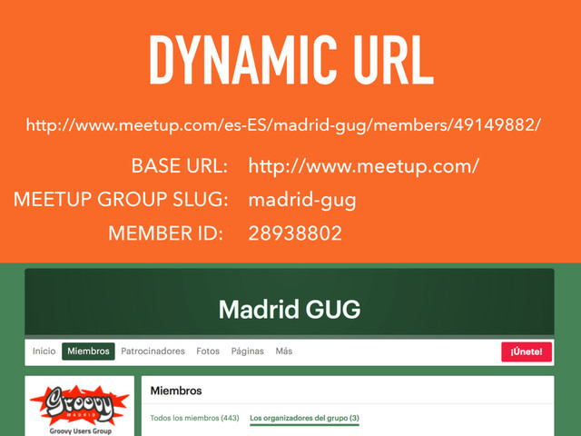 DYNAMIC URL
http://www.meetup.com/es-ES/madrid-gug/members/49149882/
BASE URL:
MEETUP GROUP SLUG:
MEMBER ID:
http://www.meetup.com/
madrid-gug
28938802
