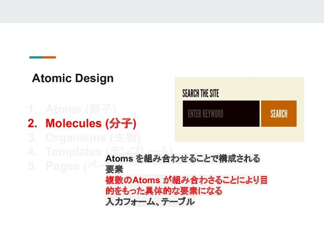 Atomic Design
1. Atoms (原子)
2. Molecules (分子)
3. Organisms (生物)
4. Templates (テンプレート)
5. Pages (ページ)
Atoms を組み合わせることで構成される
要素
複数のAtoms が組み合わさることにより目
的をもった具体的な要素になる
入力フォーム、テーブル
