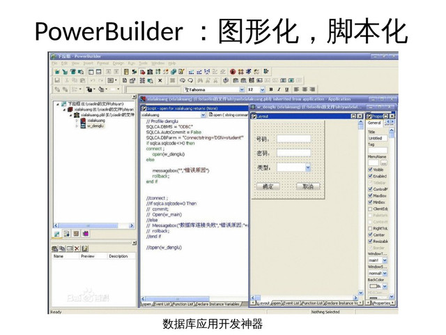 PowerBuilder ：图形化，脚本化
数据库应用开发神器
