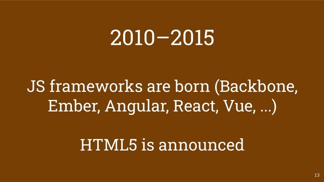 13
2010–2015
JS frameworks are born (Backbone,
Ember, Angular, React, Vue, ...)
HTML5 is announced
