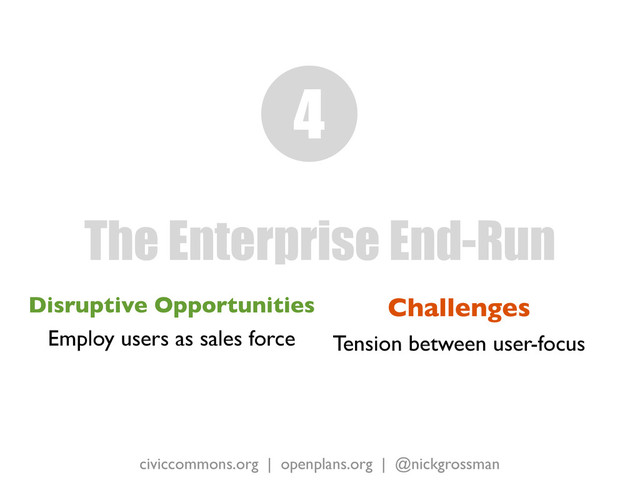 civiccommons.org | openplans.org | @nickgrossman
Disruptive Opportunities
Employ users as sales force
The Enterprise End-Run
4
Challenges
Tension between user-focus
