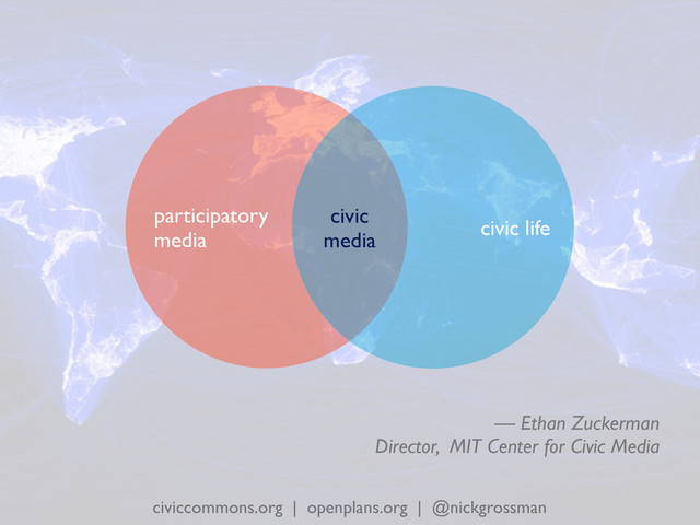 civiccommons.org | openplans.org | @nickgrossman
participatory
media
civic life
civic
media
— Ethan Zuckerman
Director, MIT Center for Civic Media
