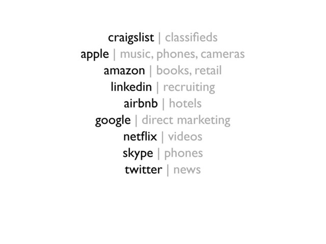 craigslist | classiﬁeds
apple | music, phones, cameras
amazon | books, retail
linkedin | recruiting
airbnb | hotels
google | direct marketing
netﬂix | videos
skype | phones
twitter | news
