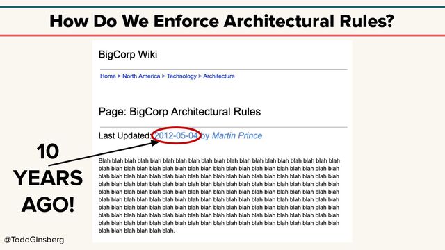 @ToddGinsberg
How Do We Enforce Architectural Rules?
10
YEARS
AGO!
