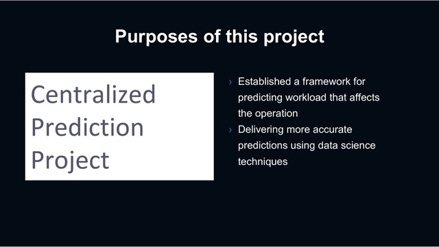 Purposes of this project
› Established a framework for
predicting workload that affects
the operation
› Delivering more accurate
predictions using data science
techniques
Centralized
Prediction
Project
