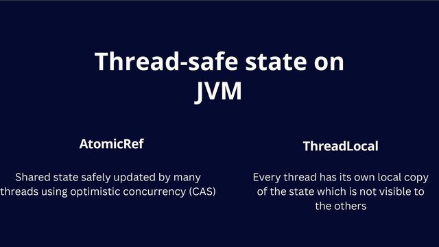 Thread-safe state on
JVM
AtomicRef ThreadLocal
Every thread has its own local copy
of the state which is not visible to
the others
Shared state safely updated by many
threads using optimistic concurrency (CAS)
