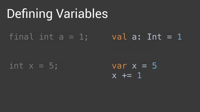 Deﬁning Variables
val a: Int = 1 
val b = 1 
 
var x = 5 
x += 1
final int a = 1; 
 
 
int x = 5;
