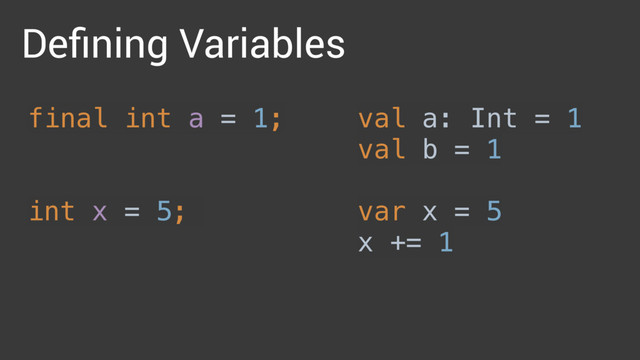 Deﬁning Variables
val a: Int = 1 
val b = 1 
 
var x = 5 
x += 1
final int a = 1; 
 
 
int x = 5;
