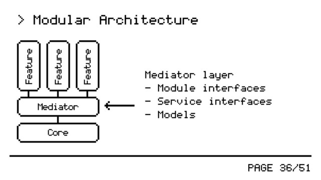 PAGE 36/51
> Modular Architecture
Mediator layer
- Module interfaces
- Service interfaces
- Models
