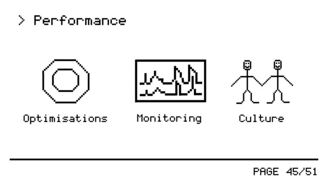 PAGE 45/51
> Performance
Monitoring Culture
Optimisations
