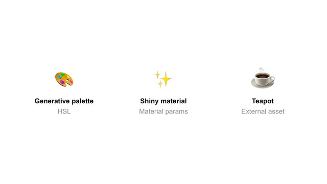 Shiny material
Material params
Generative palette
HSL
Teapot
External asset
