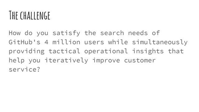 The challenge
How do you satisfy the search needs of
GitHub's 4 million users while simultaneously
providing tactical operational insights that
help you iteratively improve customer
service?

