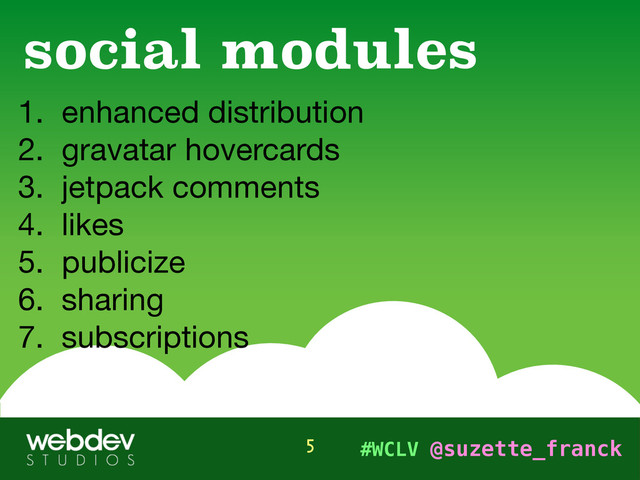 #WCLV @suzette_franck
1. enhanced distribution

2. gravatar hovercards

3. jetpack comments

4. likes

5. publicize

6. sharing

7. subscriptions
social modules
5
