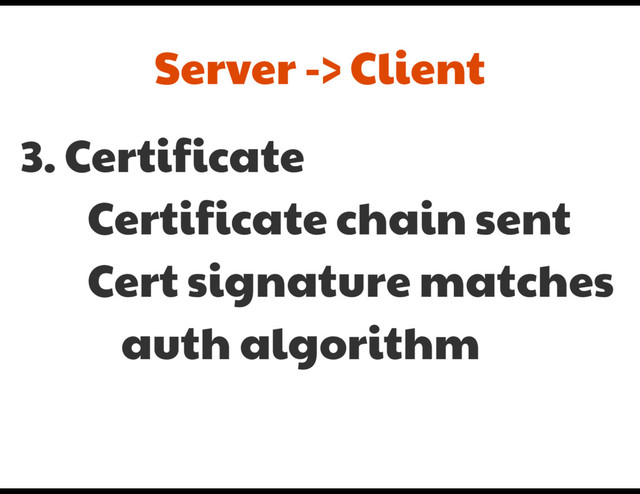 3. Certificate

Certificate chain sent

Cert signature matches

auth algorithm
Server -> Client

