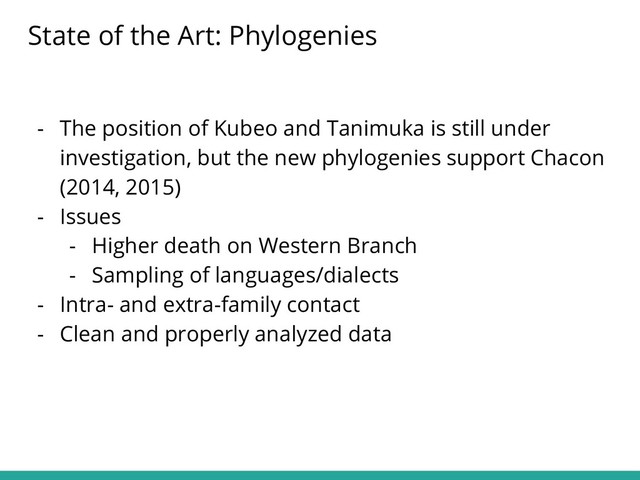 - The position of Kubeo and Tanimuka is still under
investigation, but the new phylogenies support Chacon
(2014, 2015)
- Issues
- Higher death on Western Branch
- Sampling of languages/dialects
- Intra- and extra-family contact
- Clean and properly analyzed data
State of the Art: Phylogenies
