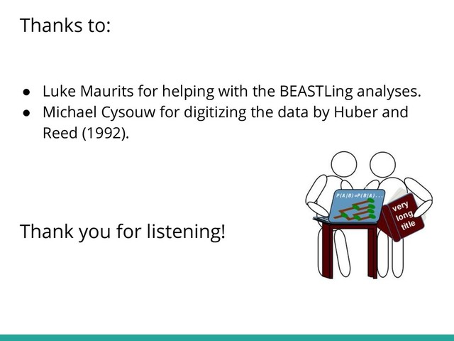 ● Luke Maurits for helping with the BEASTLing analyses.
● Michael Cysouw for digitizing the data by Huber and
Reed (1992).
Thanks to:
Thank you for listening!
