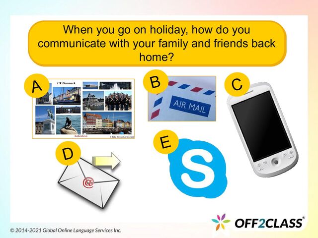 When you go on holiday, how do you
communicate with your family and friends back
home?
A B
D
E
C
