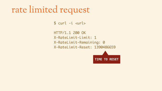 $ curl -i 
HTTP/1.1 200 OK
X-RateLimit-Limit: 1
X-RateLimit-Remaining: 0
X-RateLimit-Reset: 1390486659
rate limited request
TIME TO RESET
